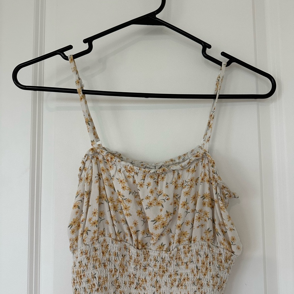 American Eagle Outfitters Tan and White Ruched Camisole Top